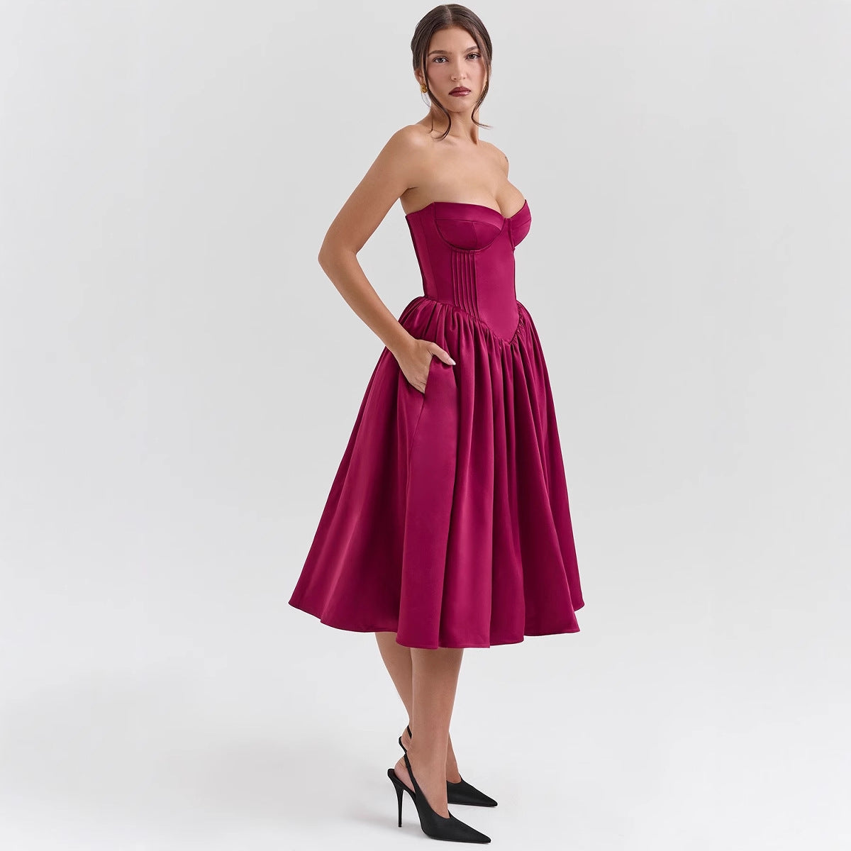 Rose Red Strapless Dress for Women – Sexy Flared Midi Dress, Polyester, Summer Party or Holiday Style