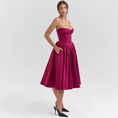 Rose Red Strapless Dress for Women – Sexy Flared Midi Dress, Polyester, Summer Party or Holiday Style