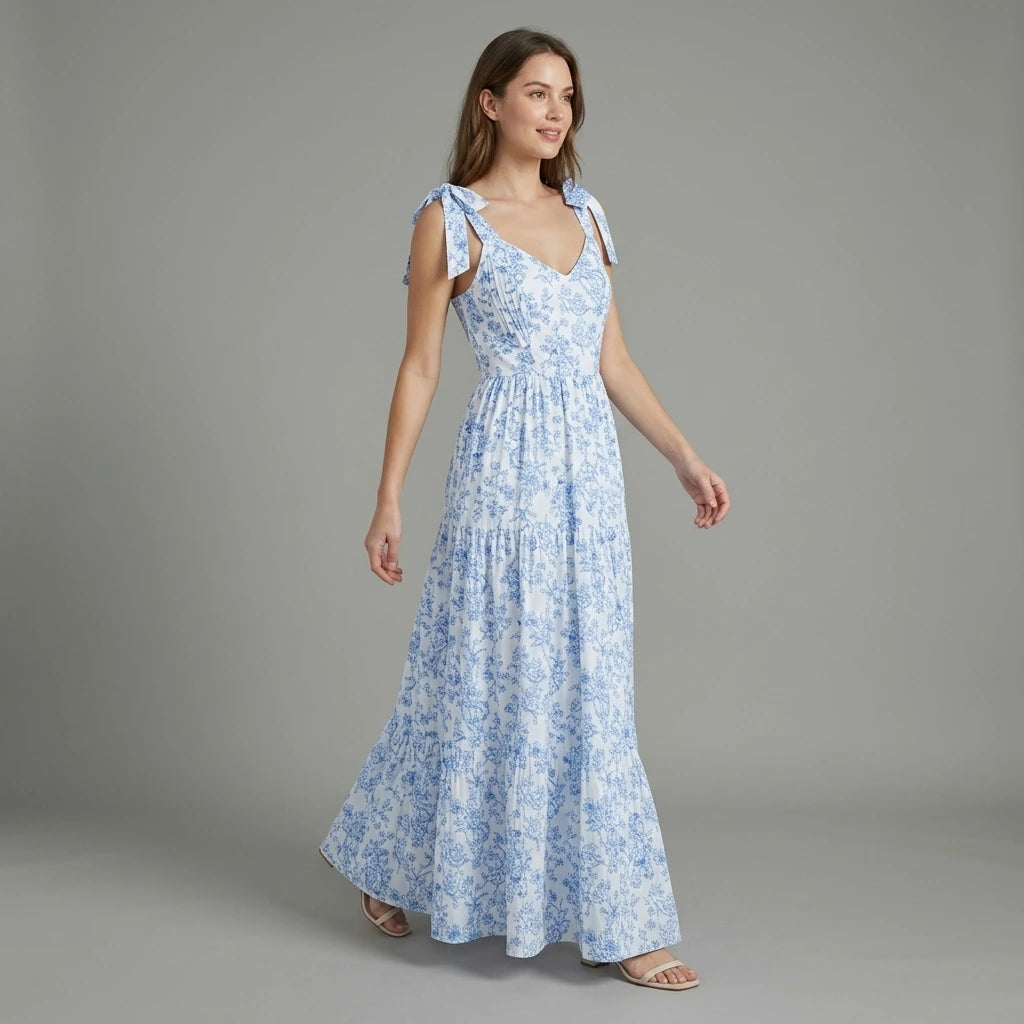 French Elegant Floral Print Long Dress Pleated Flounce V-Neck Sleeveless Ruffled Summer New Light Blue Gown for Ladies — lifestyle_lead