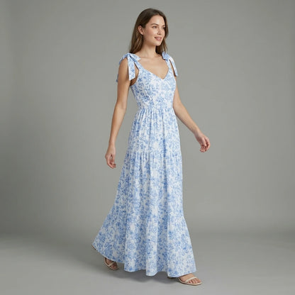French Elegant Floral Print Long Dress Pleated Flounce V-Neck Sleeveless Ruffled Summer New Light Blue Gown for Ladies — lifestyle_lead