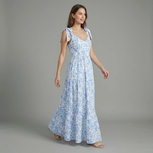 French Elegant Floral Print Long Dress Pleated Flounce V-Neck Sleeveless Ruffled Summer New Light Blue Gown for Ladies — lifestyle_lead