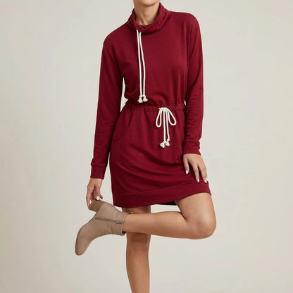 Drawstring Turtleneck Long Sleeve Mini Dress — lifestyle