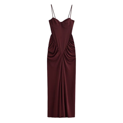 Dark Red Wrinkled Corset Dress for Women, Long Sleeveless Summer Dress, Pullover Polyester, Effortless Style