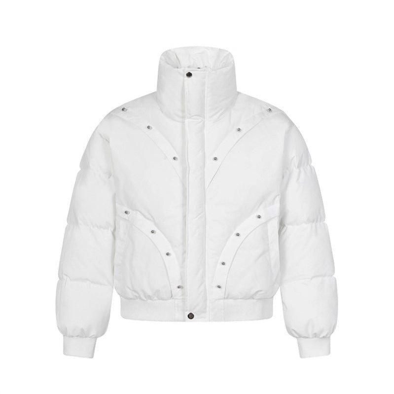 Beaded Design Thick Stand-up Collar Puffer Jacket for Men and Women Casual Warm Cotton Coat