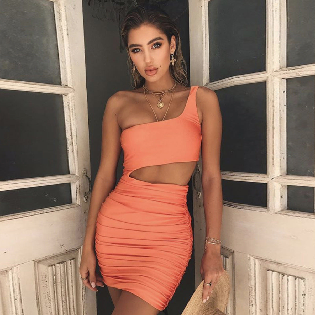 Sexy Summer Oblique Shoulder Mini Dress for Women, Stretch Polyester, Ruched Bodycon Party Dress, New Collection