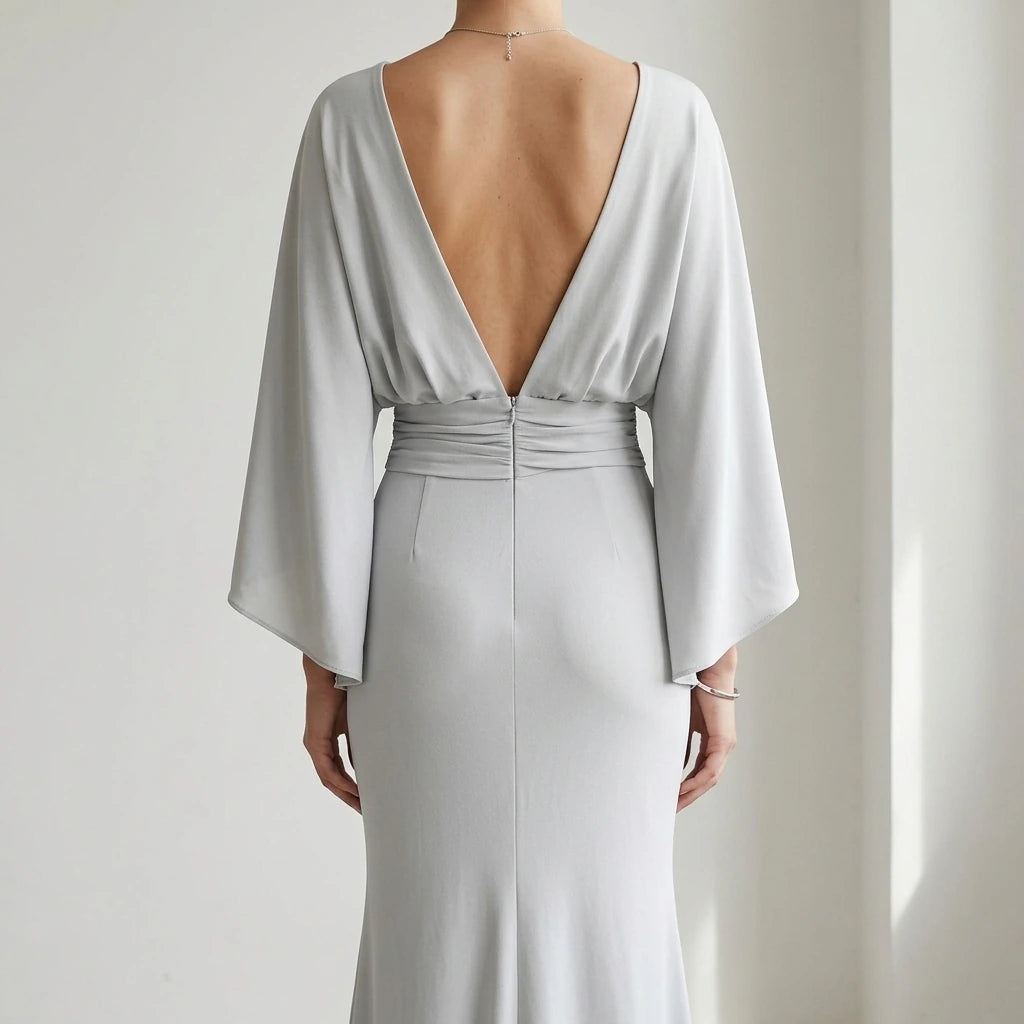 Silver Backless Maxi Dress, Pleated Mermaid Long Gown, Batwing Three-Quarter Sleeve, Elegant Polyester, Summer — lifestyle
