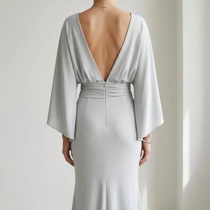 Silver Backless Maxi Dress, Pleated Mermaid Long Gown, Batwing Three-Quarter Sleeve, Elegant Polyester, Summer — lifestyle