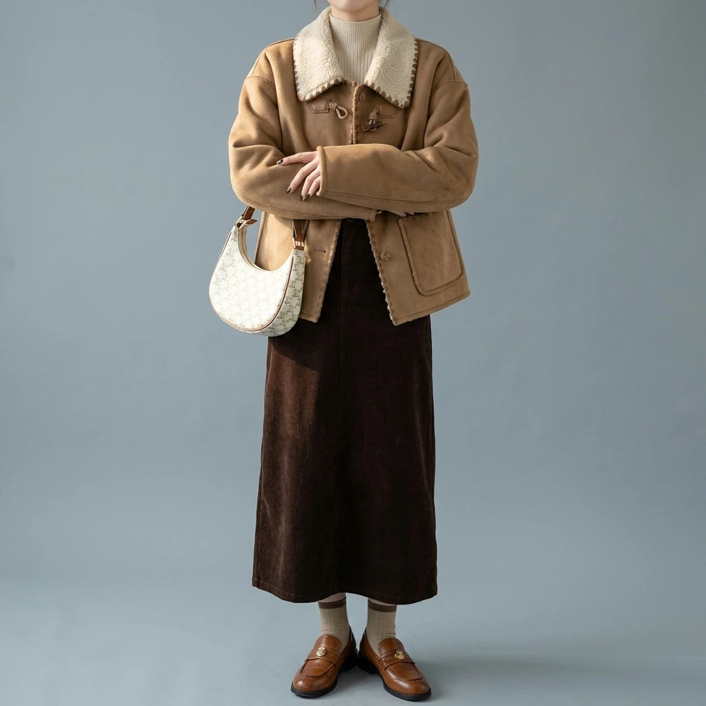 Faux Suede Shearling Coat for Women Winter Short Length Thickened One-Piece Fur and Leather Jacket — variant_front