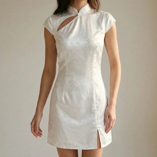 Elegant Floral A-Line Skater Mini Dress Women’s Cut Out Slit Mandarin Collar Cap Sleeve Jacquard Polyester Daily Spring Summer White — lifestyle_lead