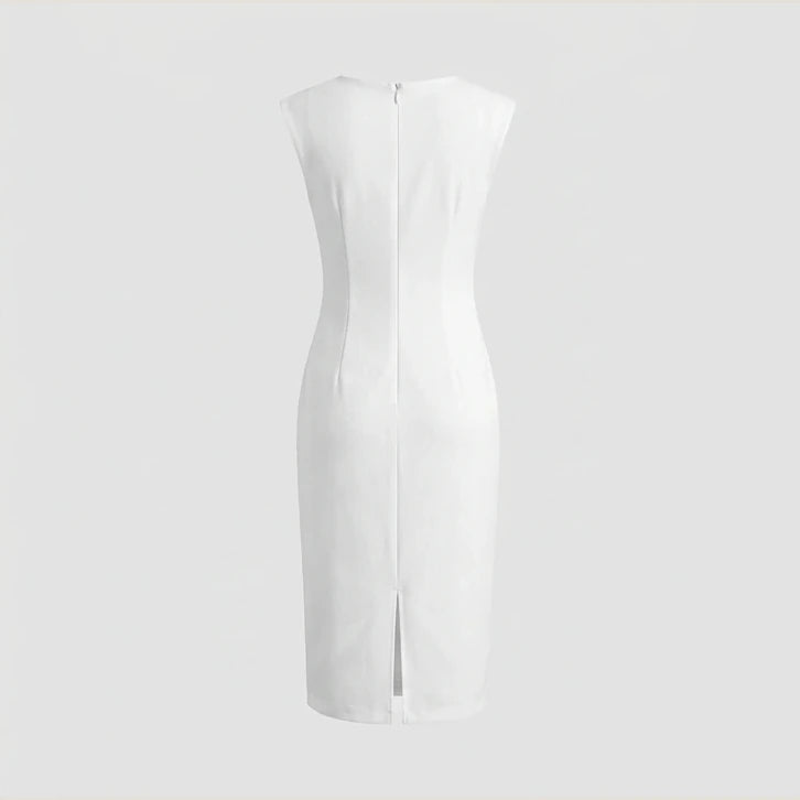 White Slim Fit Midi Dress, Sleeveless Round Neck, Solid Polyester, Effortless Summer Style — product_only_back