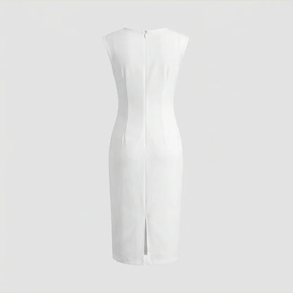 White Slim Fit Midi Dress, Sleeveless Round Neck, Solid Polyester, Effortless Summer Style — product_only_back