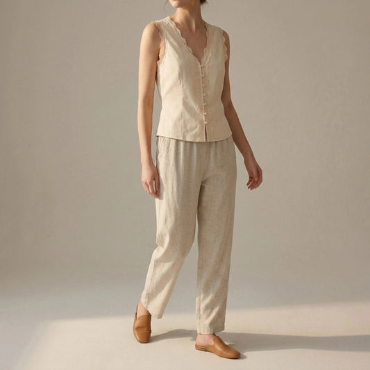 Elegant Sleeveless V Neck Vest Top for Women Daily Basic Hip Length Single Breasted Button Lace Tie Apricot Polyester Summer Spring — lifestyle_lead