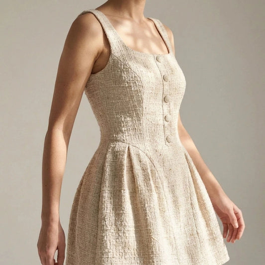 Formal Apricot Textured Mini Dress for Women, Sleeveless Skater A-Line, Ruched Square Neck, Graduation Party, Natural Waist, No Stretch — lifestyle_lead