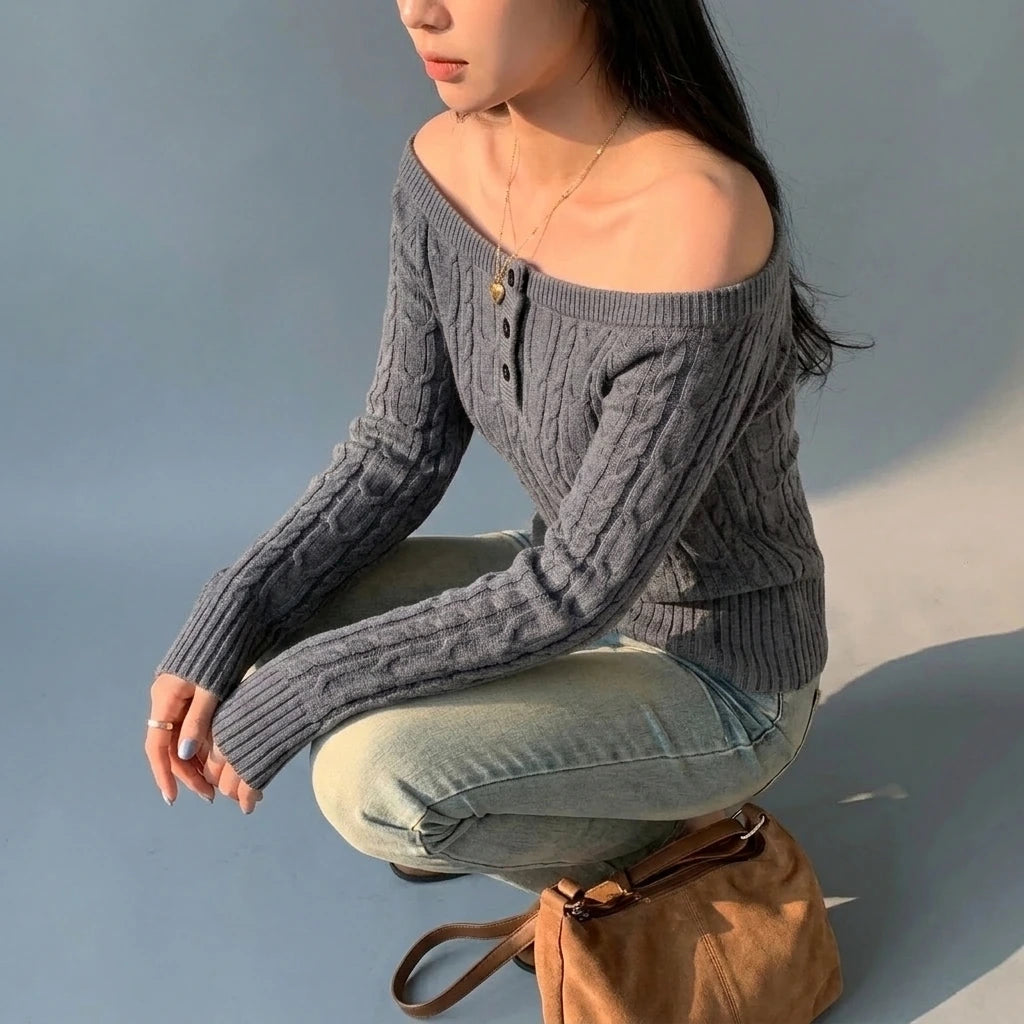 Chunky Knit Off-Shoulder Grey Sweater Top for Women, Long Sleeve, Short Length — variant_front