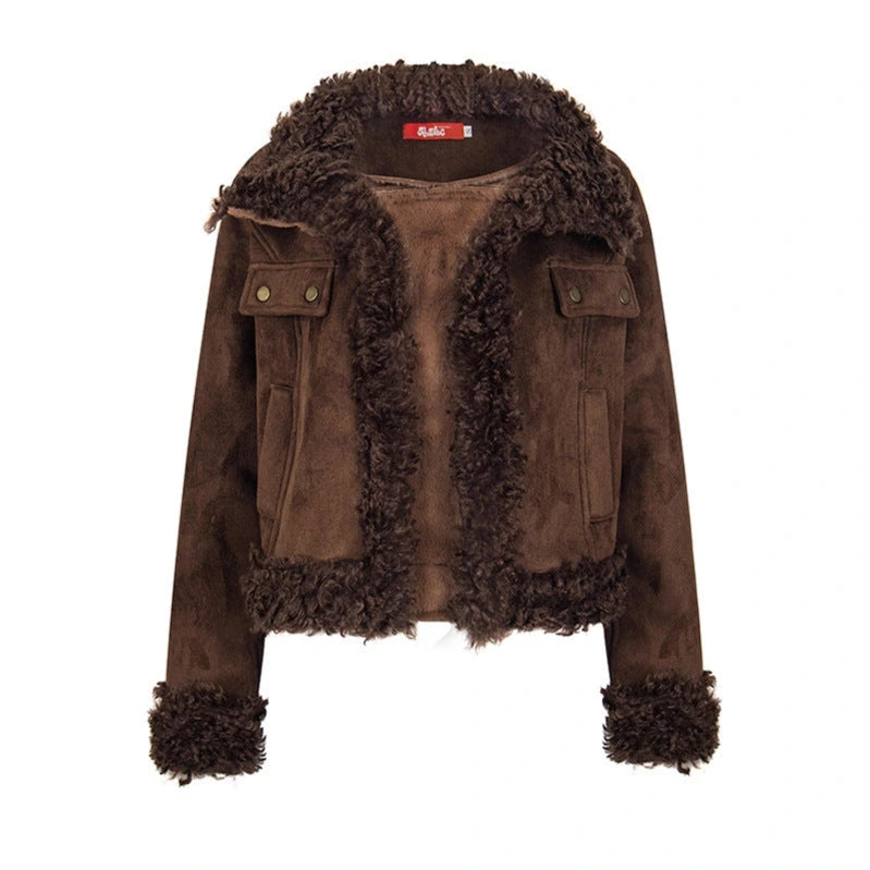 Shearling Coat Women Winter Short Length Faux Fur Collar Thick Warm Jacket Parka — variant_front