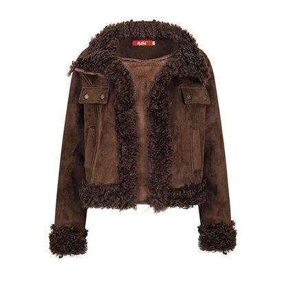 Shearling Coat Women Winter Short Length Faux Fur Collar Thick Warm Jacket Parka — variant_front