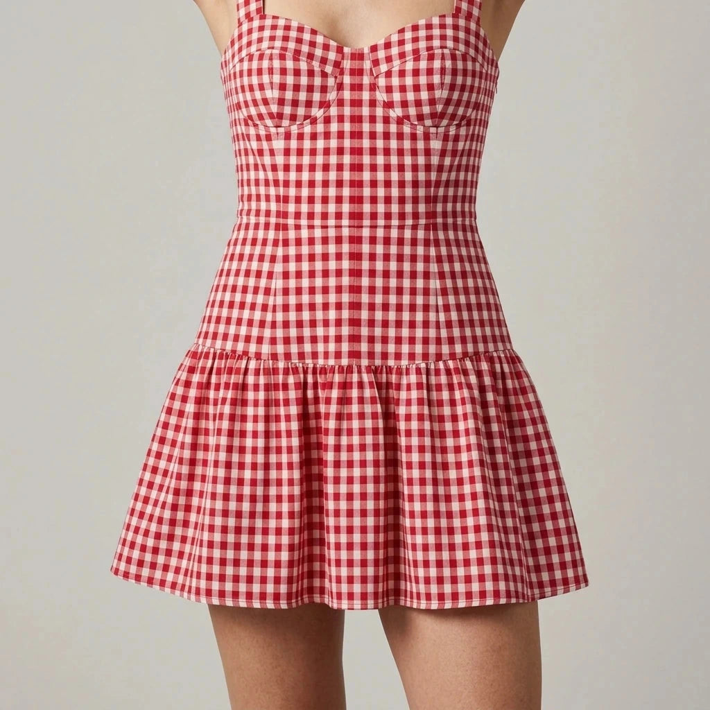 Red Plaid Skater Slip Mini Dress for Women, Sweetheart Neck, Sleeveless, Natural Waist, Summer Casual Party, 100% Cotton, Red — gallery_02.webp