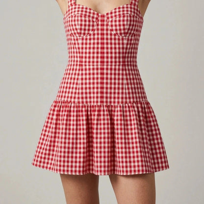 Red Plaid Skater Slip Mini Dress for Women, Sweetheart Neck, Sleeveless, Natural Waist, Summer Casual Party, 100% Cotton, Red — gallery_02.webp