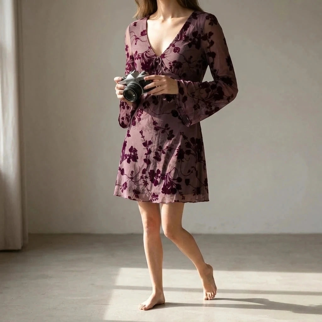 Elegant A-Line Mini Dress for Women, V Neck, Long Sleeve, Floral Print, Daily Casual, Fall Winter, Medium Stretch Polyester, Purple — lifestyle