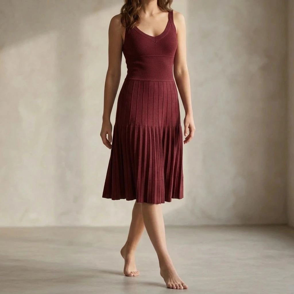 Retro Sleeveless Sweater Dress for Women, Ruched Sheath Slip Knit, Daily Party Summer Midi, Wine Red, 50% Viscose, Medium Stretch — lifestyle