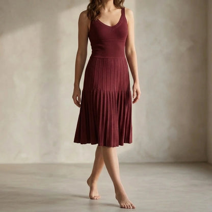 Retro Sleeveless Sweater Dress for Women, Ruched Sheath Slip Knit, Daily Party Summer Midi, Wine Red, 50% Viscose, Medium Stretch — lifestyle