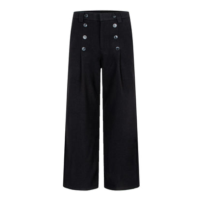 Fluid Trousers with Vertical Button Design, Loose Wide-Leg Tailored Fit, Pleated Straight Leg Pants — variant_front