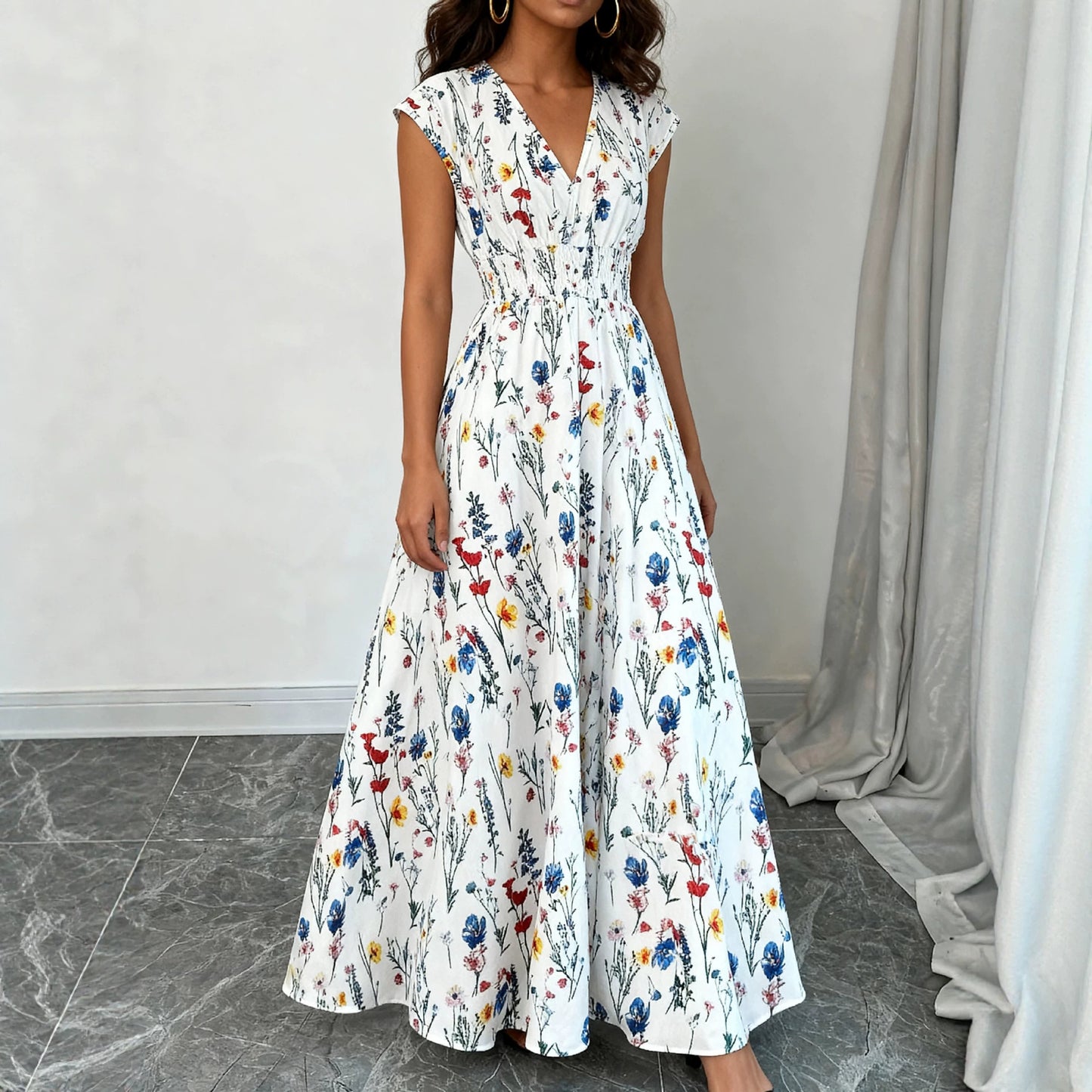 White V Neck Long Dress, Lace Up A-line Floral Elegant Pullover, Summer Occasion Dress