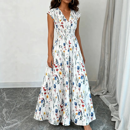 White V Neck Long Dress, Lace Up A-line Floral Elegant Pullover, Summer Occasion Dress