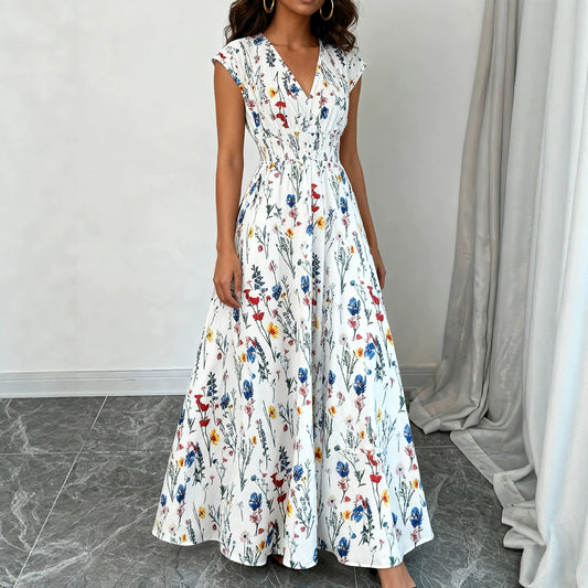 White V Neck Long Dress, Lace Up A-line Floral Elegant Pullover, Summer Occasion Dress