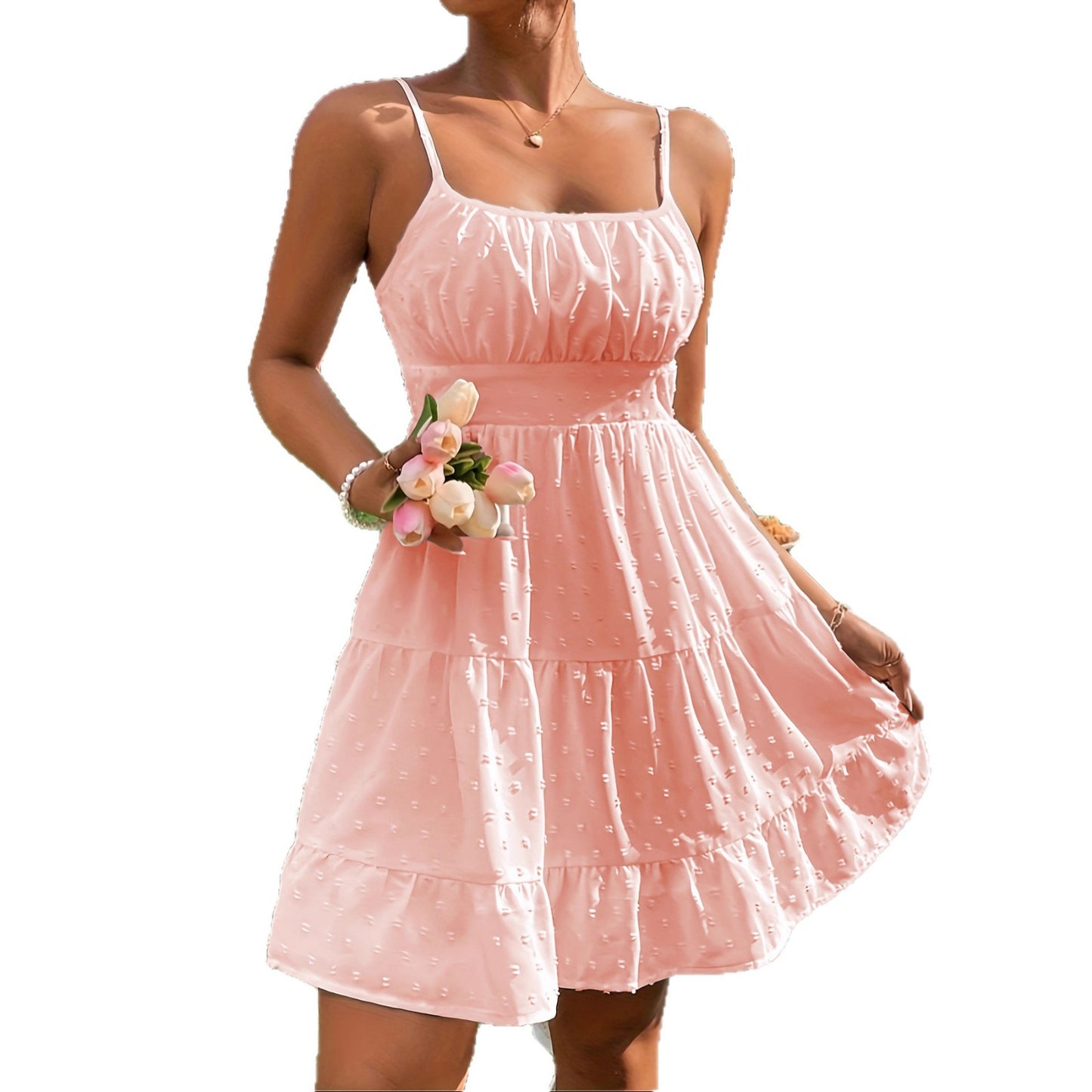 Swiss Dot Print Strap Dress for Women Summer Mini Umbrella Skirt, High Waist Polyester Camisole, Elegant Casual Clothing