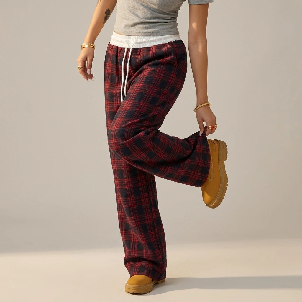 Loose Lazy Style Straight Leg Plaid Patchwork High Waist Drape Casual Sweatpants — variant_front