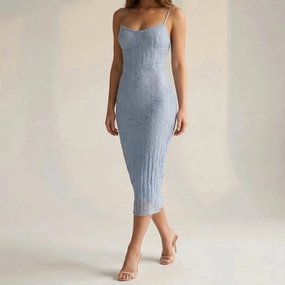 Formal Blue Bodycon Slip Midi Dress for Women, Sleeveless Sheath, High Stretch Knit, Lace Trim, Occasion Wear, Summer, Viscose Polyester — lifestyle