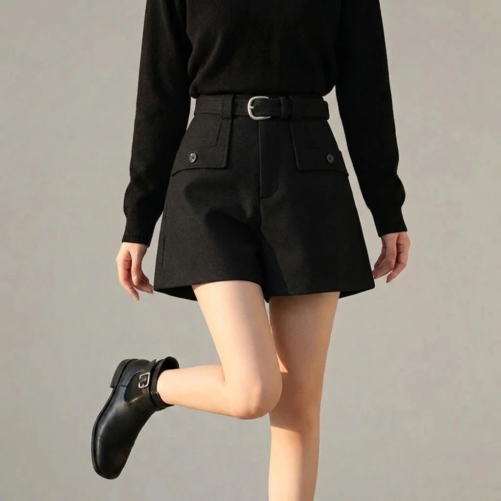 Solid Color Casual Shorts for Women High Waist Woolen — variant_front