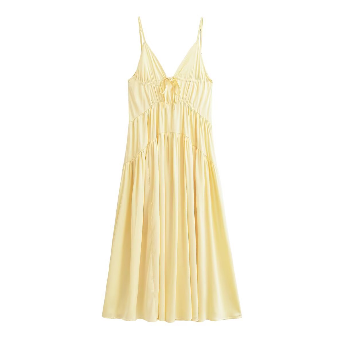Yellow Pleated Maxi Dress, Sleeveless Deep V-Neck, Elastic Polyester, Summer Hot Girl Casual Style