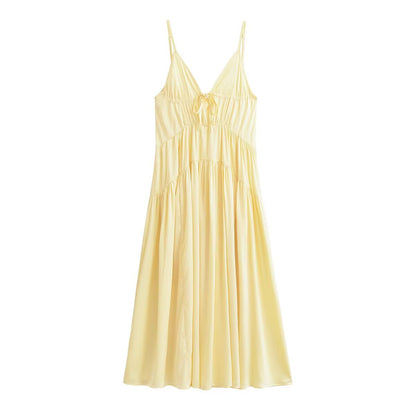 Yellow Pleated Maxi Dress, Sleeveless Deep V-Neck, Elastic Polyester, Summer Hot Girl Casual Style