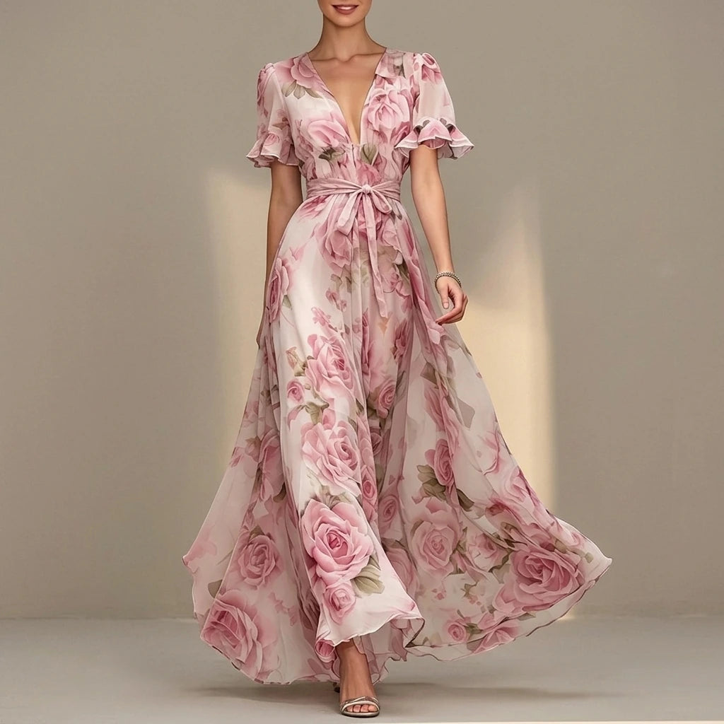 Pink Printed Maxi Dress, Deep V-Neck Ruffle Sleeve, High Waist, Effortless Summer Style — lifestyle
