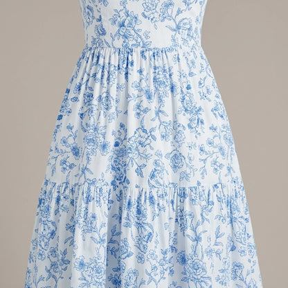 French Elegant Floral Print Long Dress Pleated Flounce V-Neck Sleeveless Ruffled Summer New Light Blue Gown for Ladies — lifestyle