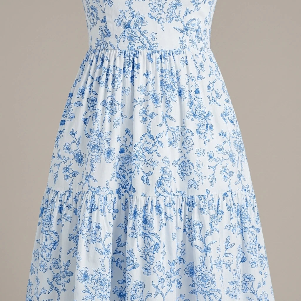 French Elegant Floral Print Long Dress Pleated Flounce V-Neck Sleeveless Ruffled Summer New Light Blue Gown for Ladies — lifestyle