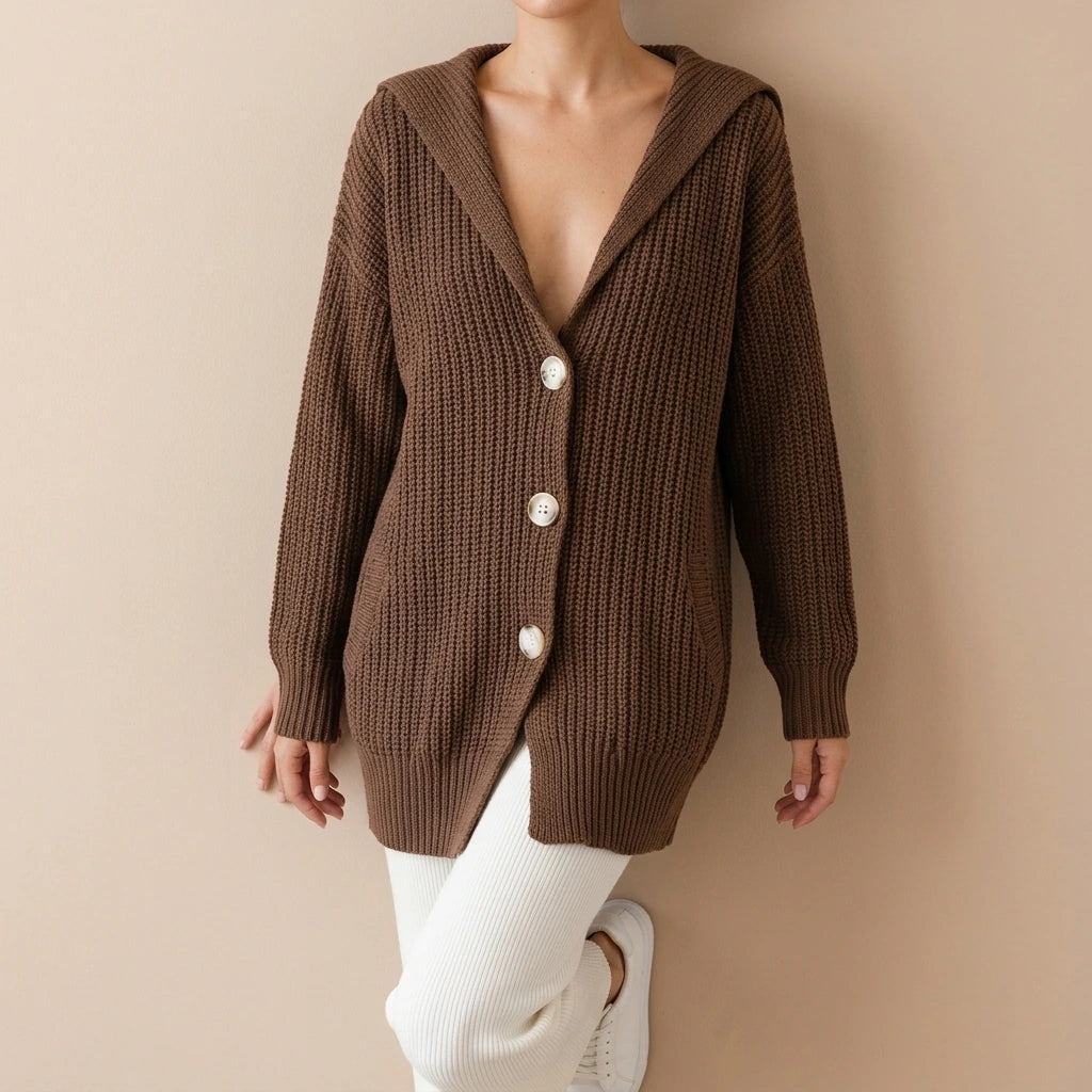 Brown Chunky Knit Lapel Collar Button up Cardigan — variant_front