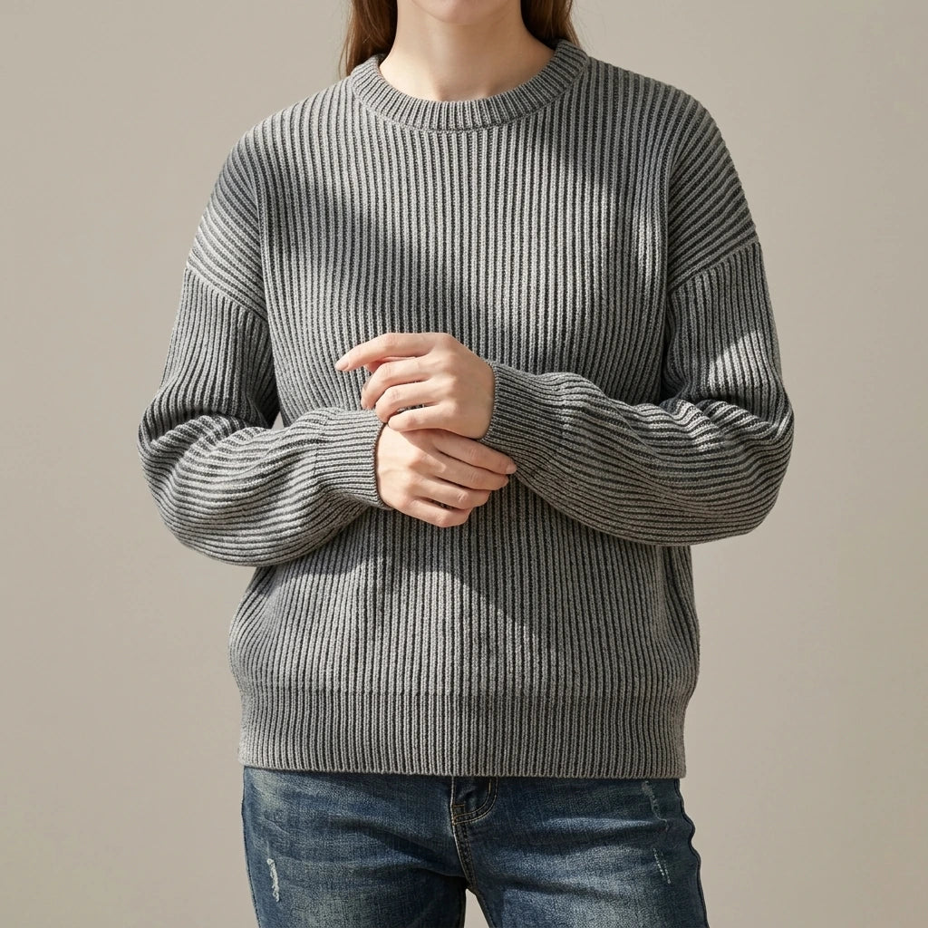 Simple Solid Color Distressed Chunky Knit Crewneck Loose Pullover Sweater — variant_front