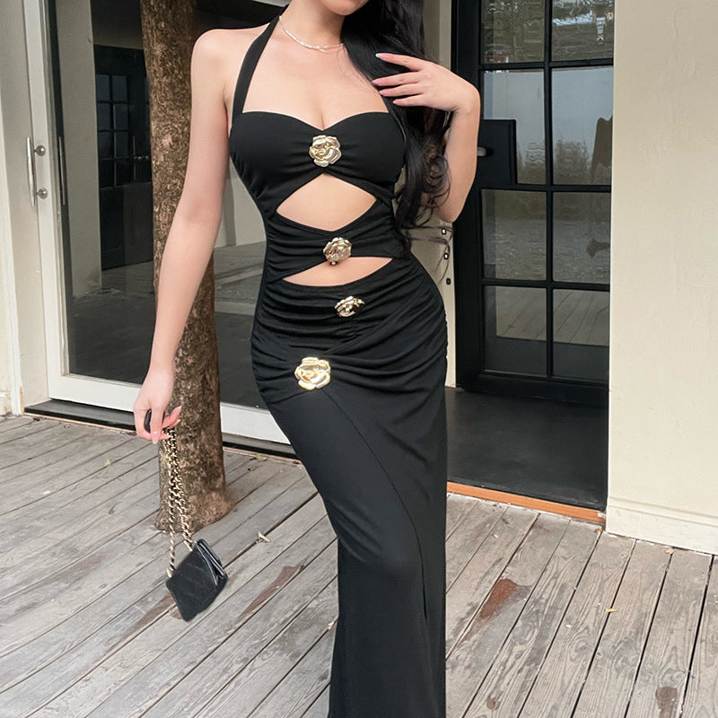 Black Rose Metal Buckle Midi Dress V-Neck Sleeveless High Waist Rib Knit Elegant Summer Party Outfit