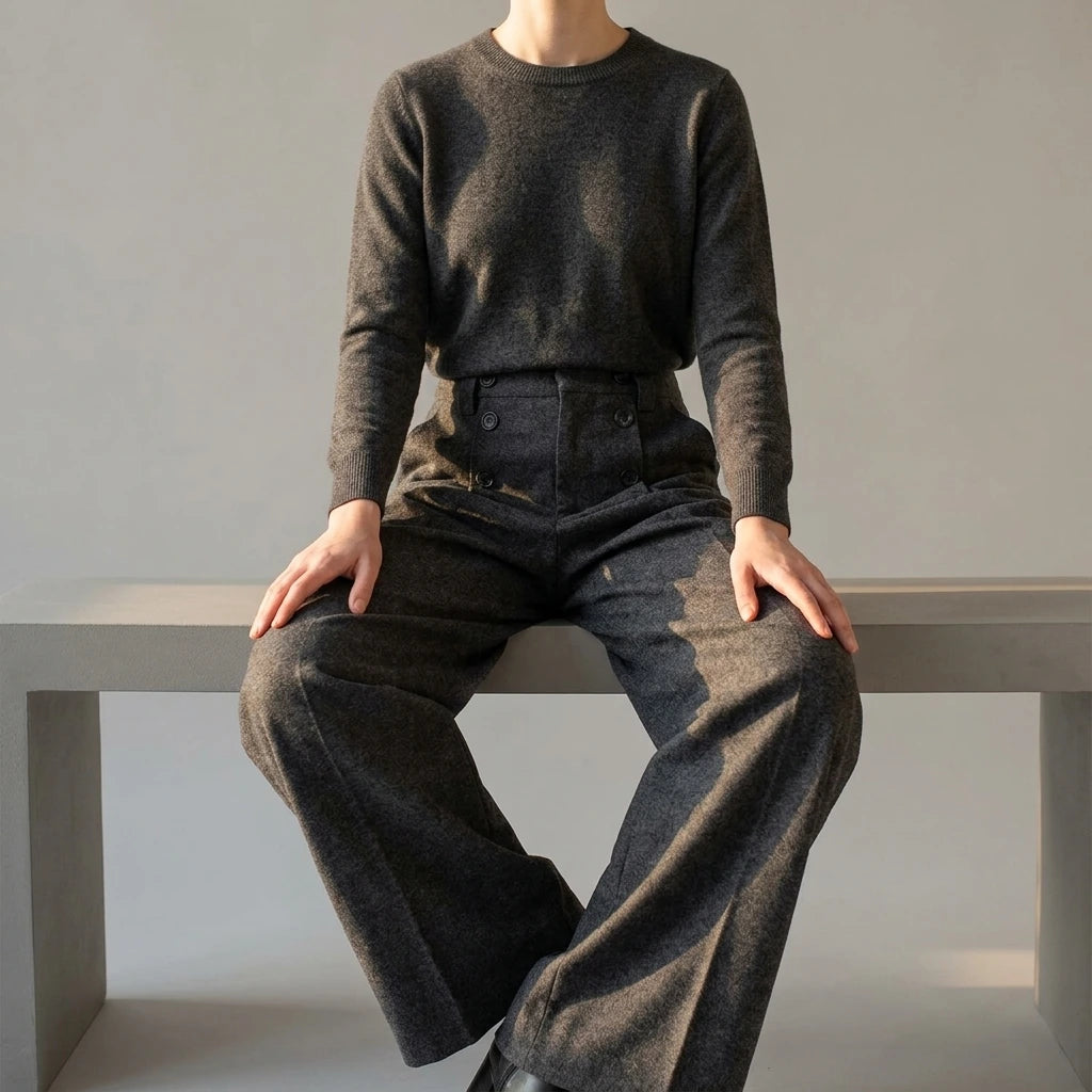 Fluid Trousers with Vertical Button Design, Loose Wide-Leg Tailored Fit, Pleated Straight Leg Pants — lifestyle