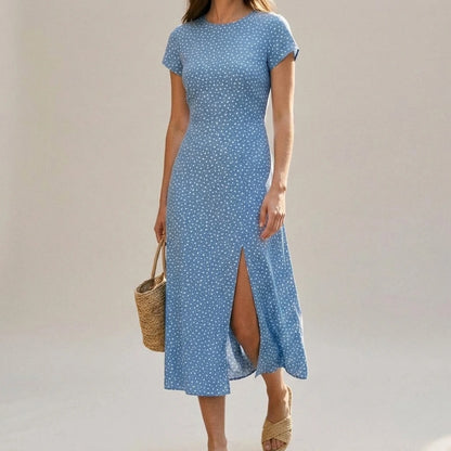 Modern Blue Sheath Midi Dress for Women, Cap Sleeve, Slit, A-Line, Geometric Print, Daily Elegant Summer, Polyester, Natural Waist — lifestyle