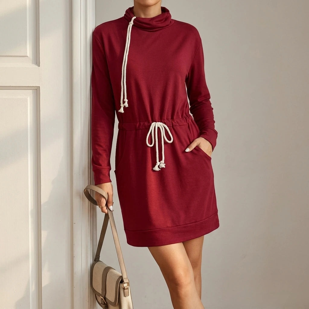 Drawstring Turtleneck Long Sleeve Mini Dress — lifestyle