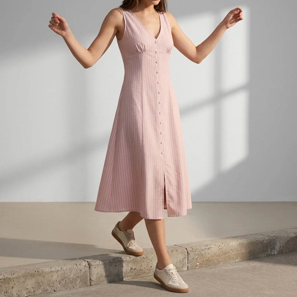 Pink Striped Sheath Midi Dress Women’s Workwear Office Wear Sleeveless V Neck A-Line Natural Waisted No Stretch Polyester Summer Spring Pink — lifestyle