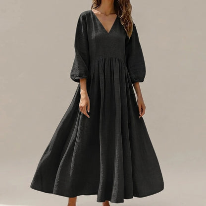 Black V-Neck Long Pleated Dress, Cotton Linen Loose Fit, Three-Quarter Sleeve, Casual Spring — lifestyle