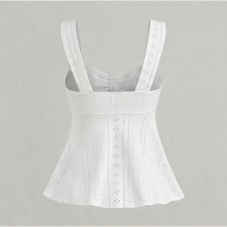 Women White Eyelet Lace Cami Top Casual Ruched Tie Front Peplum Camisole Top — product_only_back
