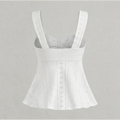 Women White Eyelet Lace Cami Top Casual Ruched Tie Front Peplum Camisole Top — product_only_back