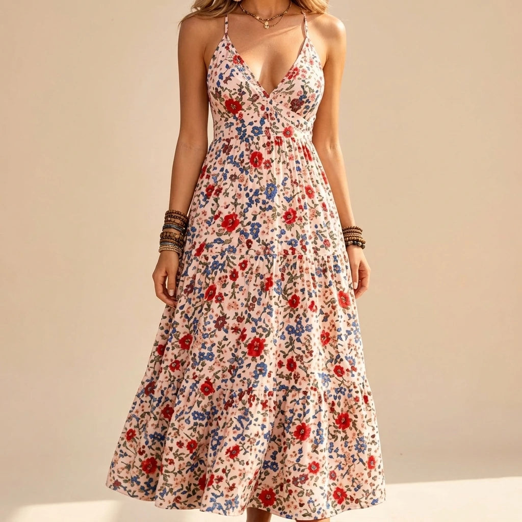 Pink Printed Camisole Long Dress Sleeveless Embroidered A-Line Elegant Summer Polyester — lifestyle_lead
