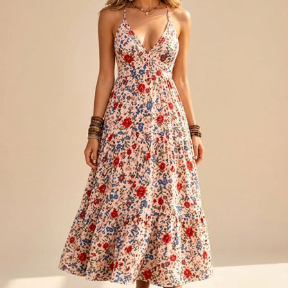 Pink Printed Camisole Long Dress Sleeveless Embroidered A-Line Elegant Summer Polyester — lifestyle_lead